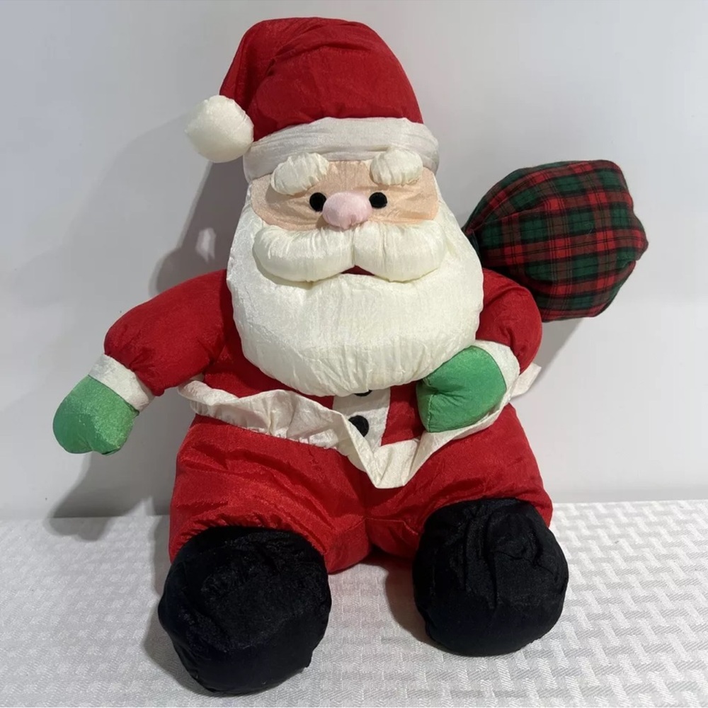 Vintage Gibson Greetings Plush Santa Claus Puffy Nylon Christmas Plaid Bag 1993
